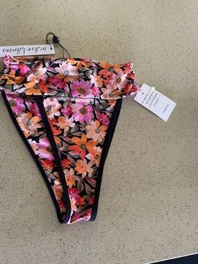 For Love And Lemons Black Floral Bikini Bottom with Pink & Orange Blooms